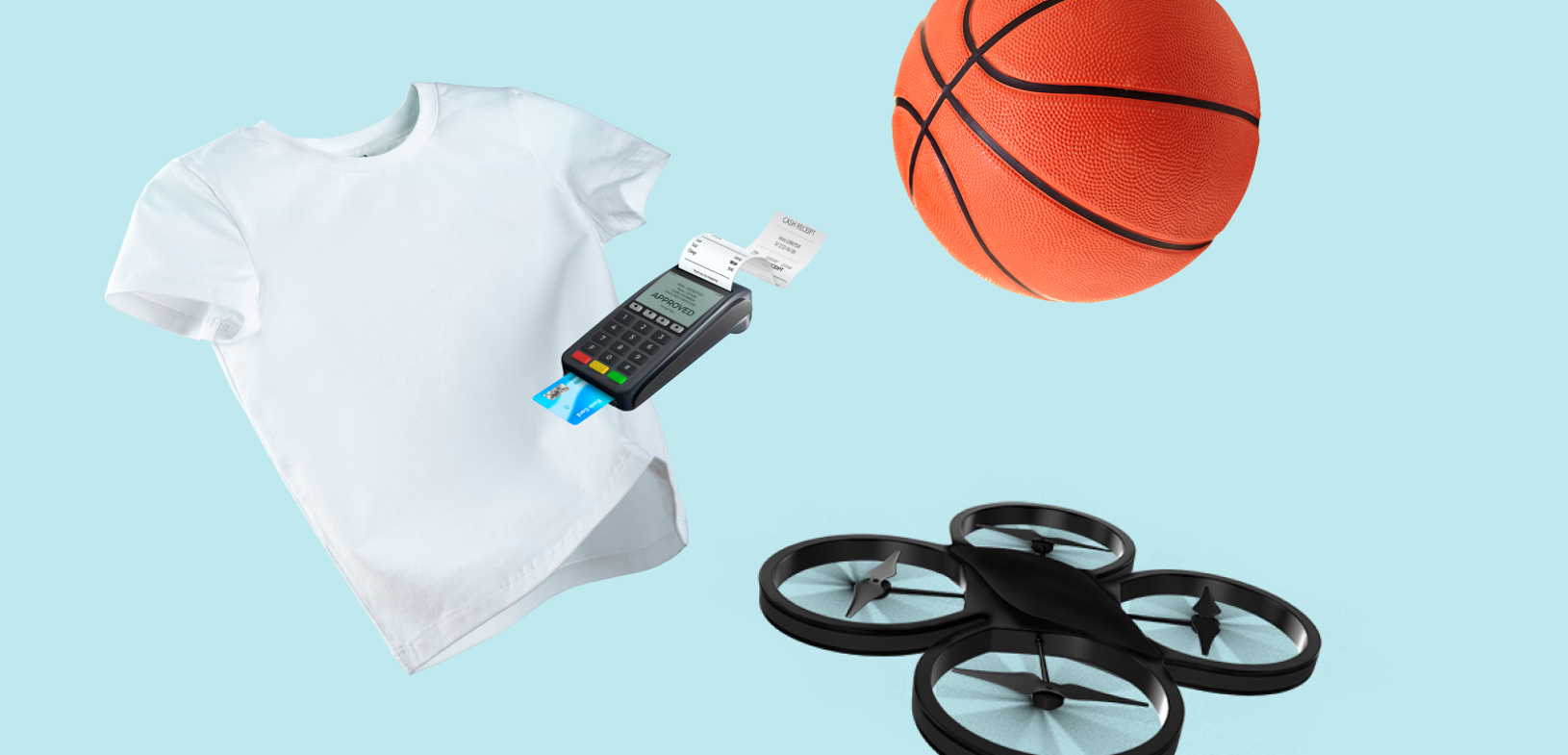 Grafisk billede med lyseblå baggrund og fritstående objekter: en hvid t-shirt, en betalingsterminal med bon, en basketball og en sort drone.
